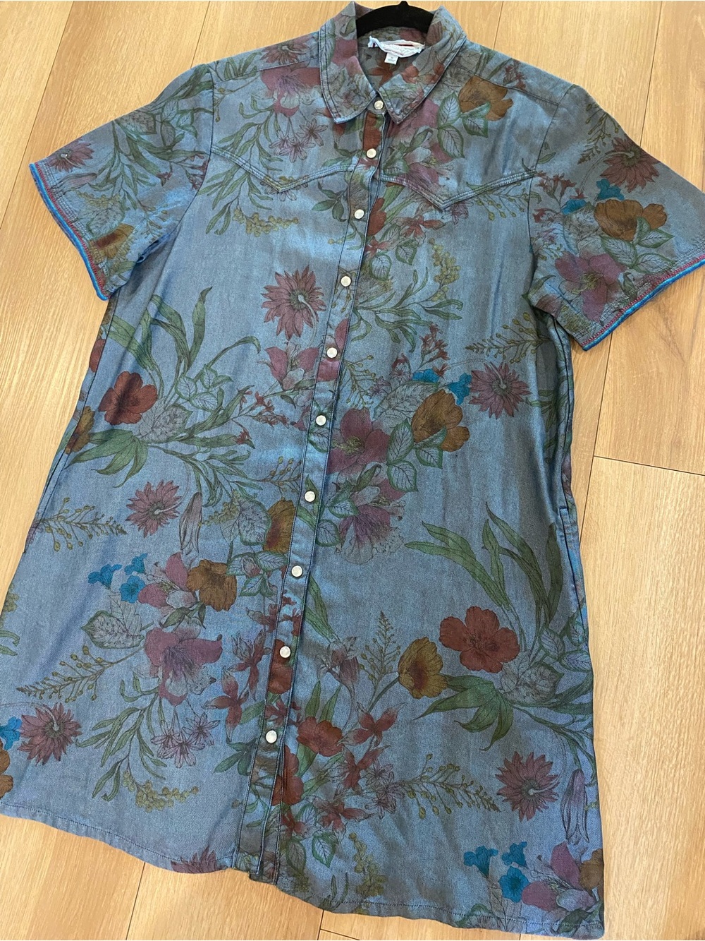 Johnny Was Workshop Floral Western Denim Snap Front Shirt Dress M
